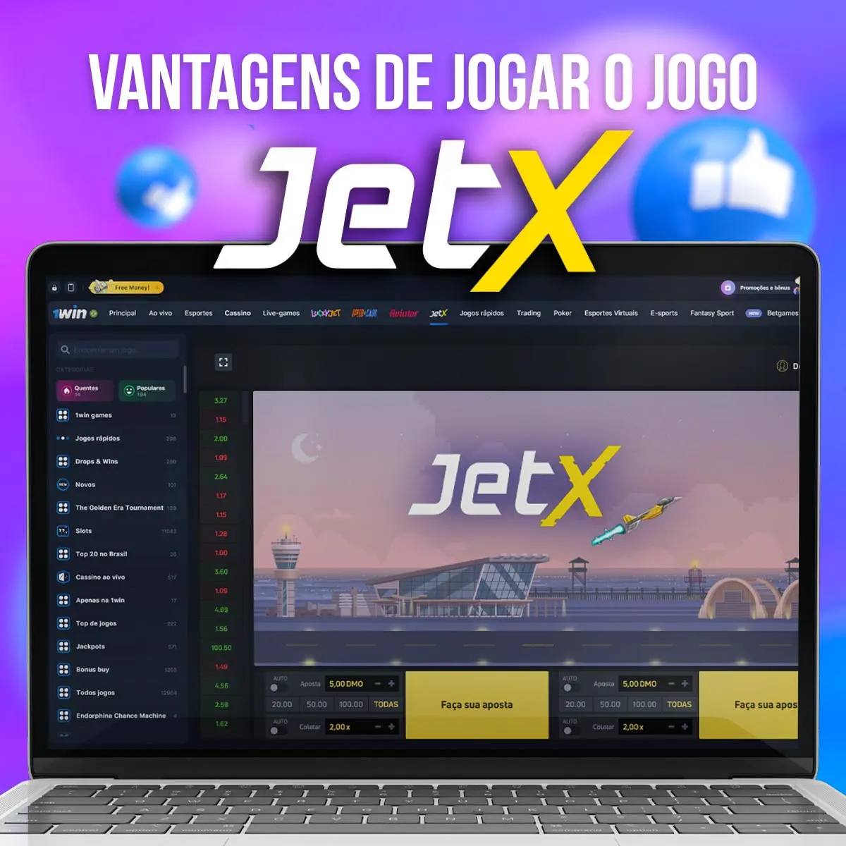 Composição com a interface do jogo JetX em dispositivos