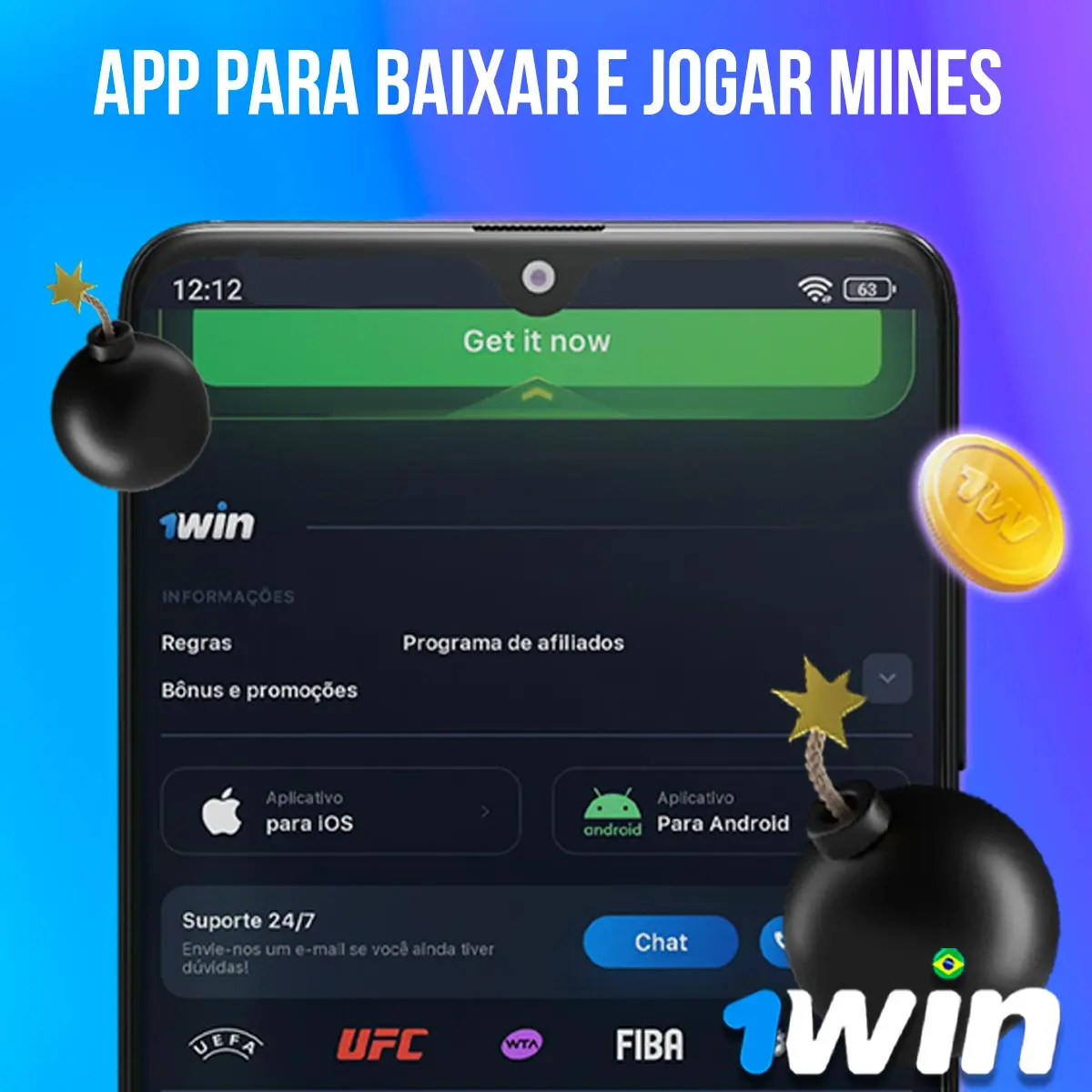 Tela de acesso móvel da 1win junto à identidade visual do jogo