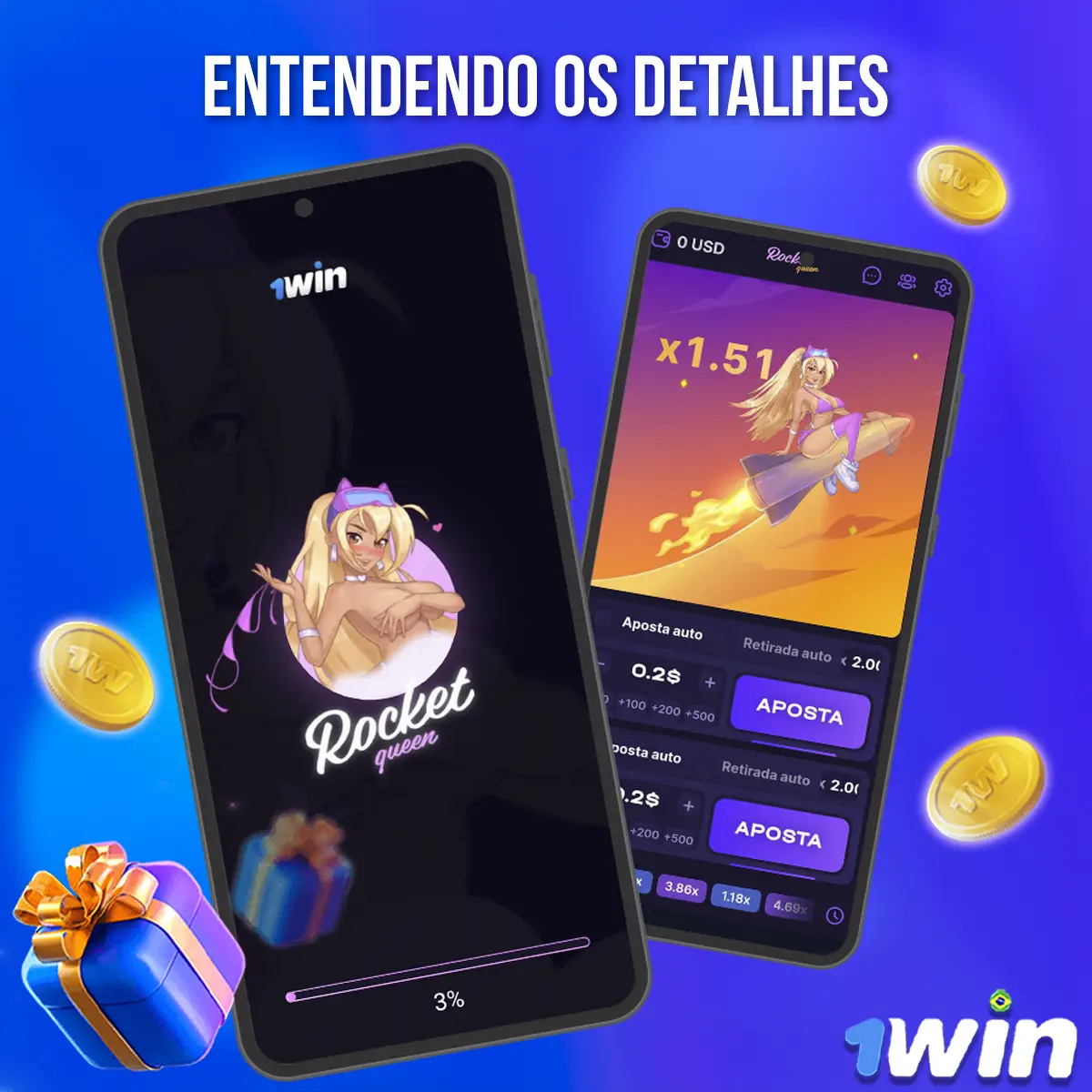 Composição com a interface do jogo Rocket Queen em dispositivos