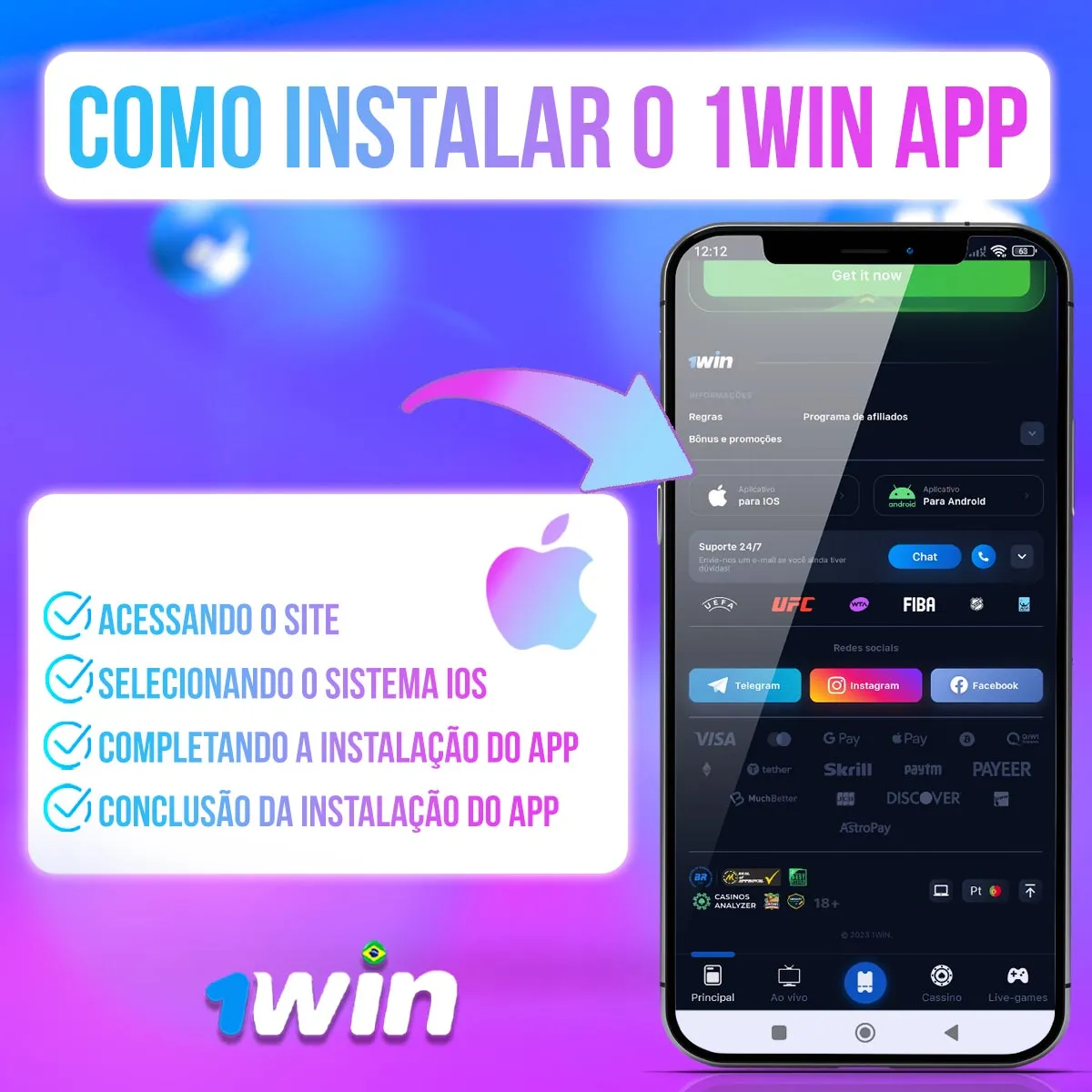 Ilustração do acesso à 1win no iOS
