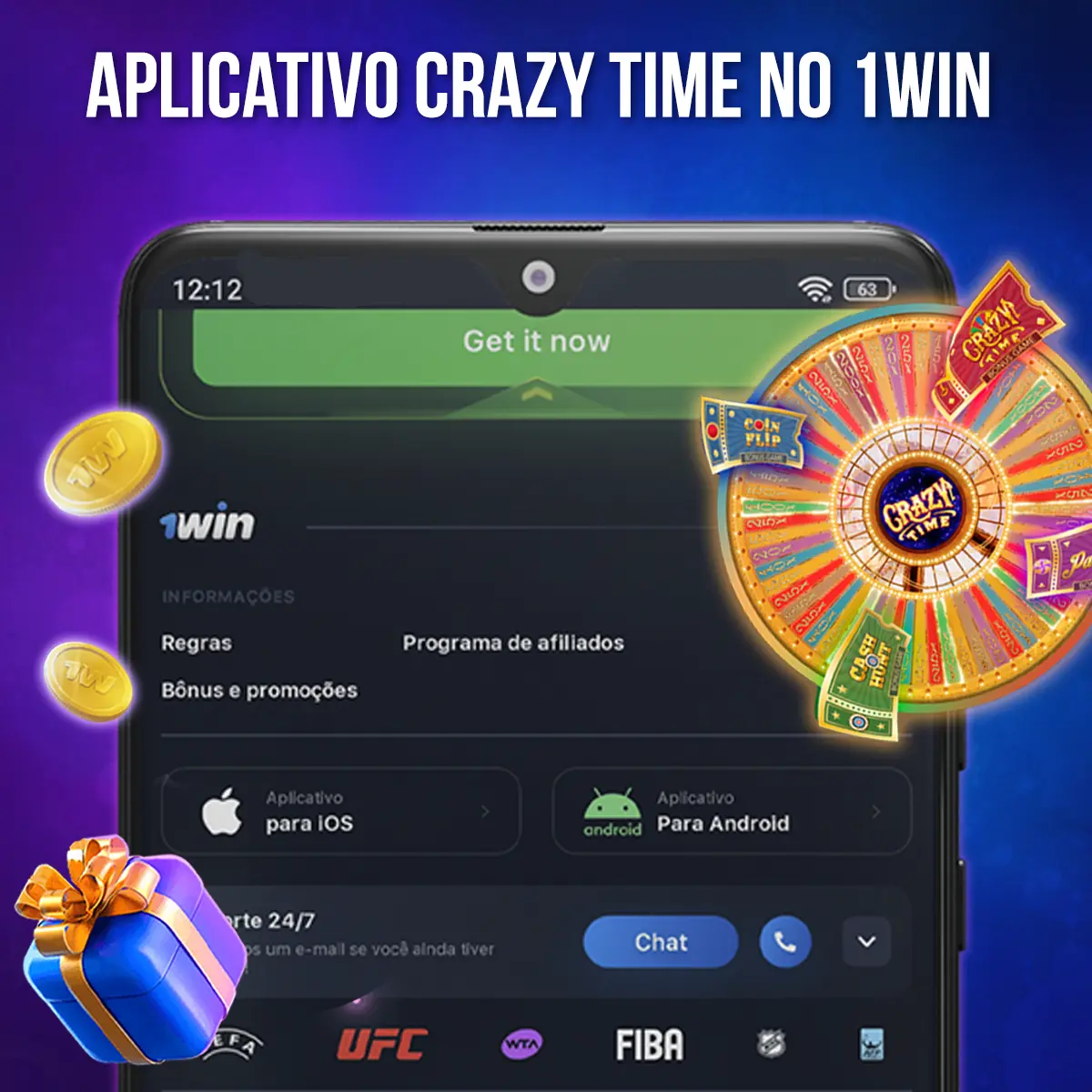 Tela de acesso móvel da 1win junto à identidade visual do jogo