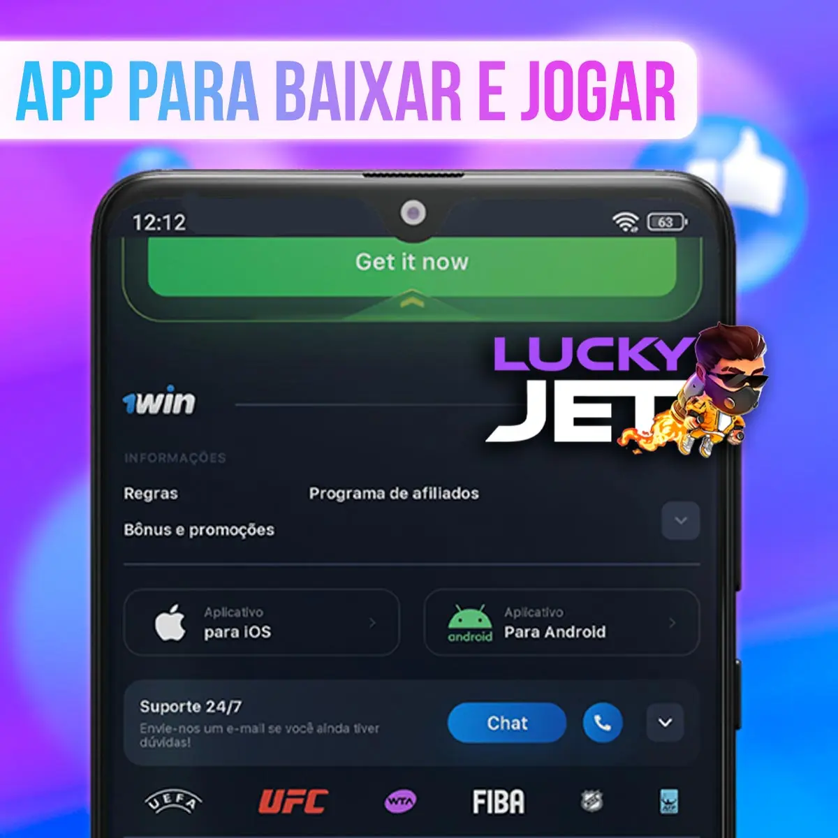 Tela de acesso móvel da 1win junto à identidade visual do jogo