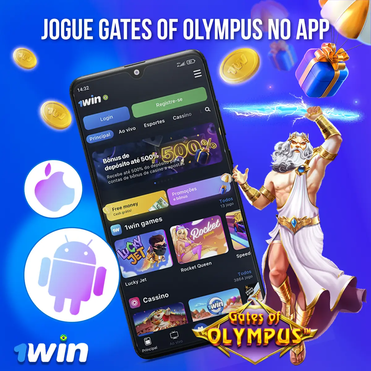 1win mobile access screen alongside the game artwork