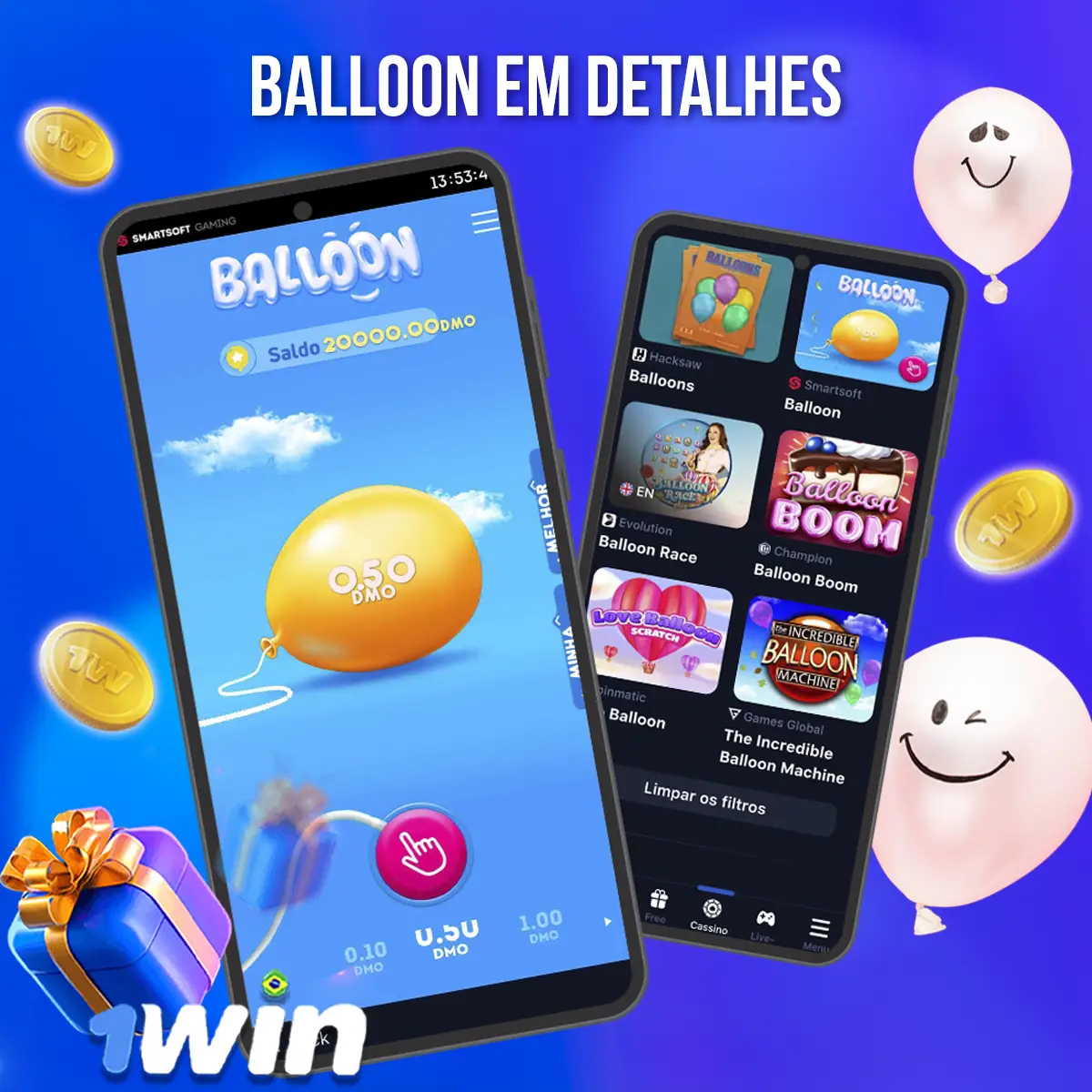 Composição com a interface do jogo Balloon em dispositivos