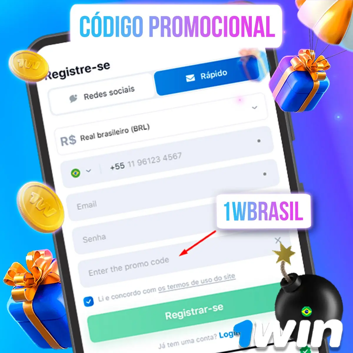 Formulário ilustrativo com campo de código promocional