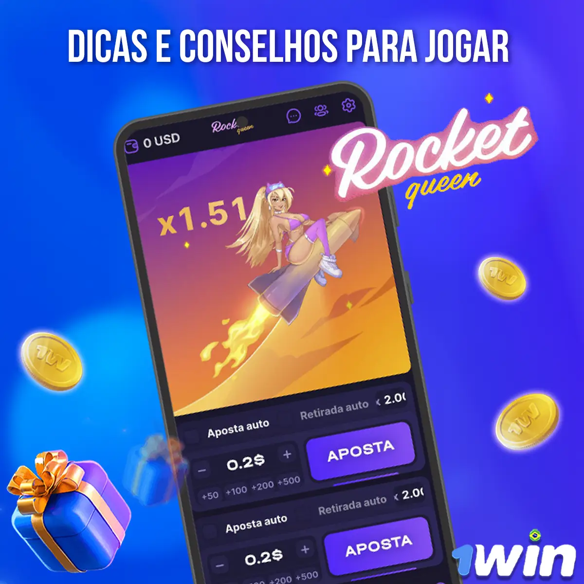 Composição com a interface do jogo Rocket Queen em dispositivos