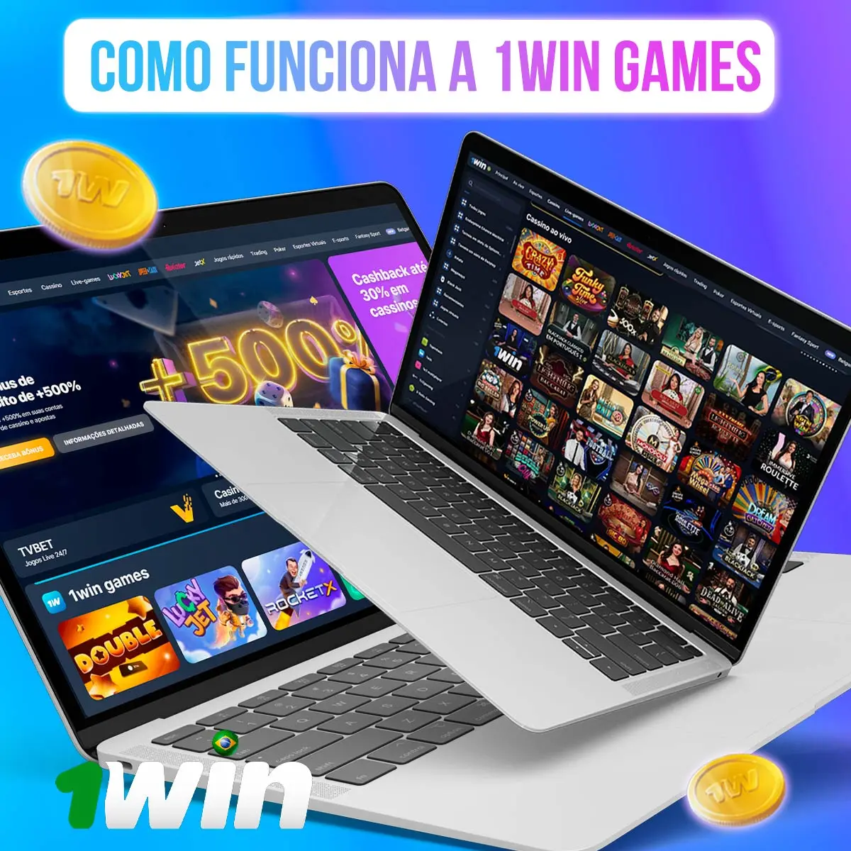 Composição de telas com miniaturas do catálogo de jogos da 1win
