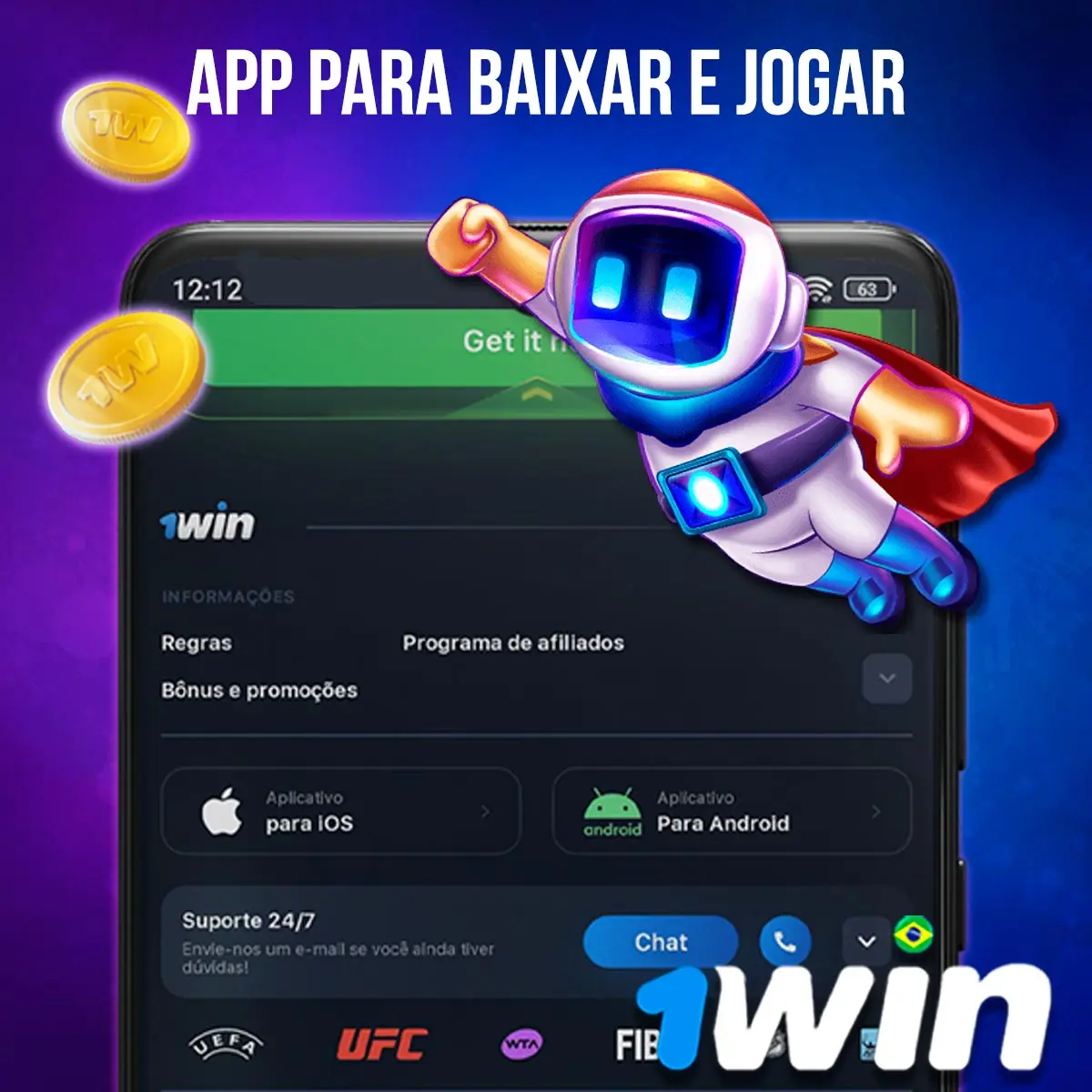Tela de acesso móvel da 1win junto à identidade visual do jogo