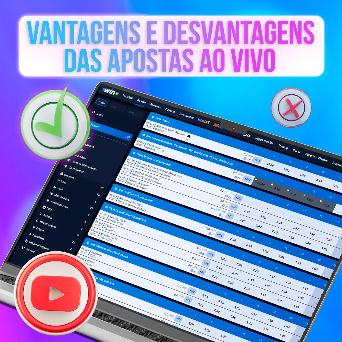 Telas da 1win com listas de eventos, placares e cotações