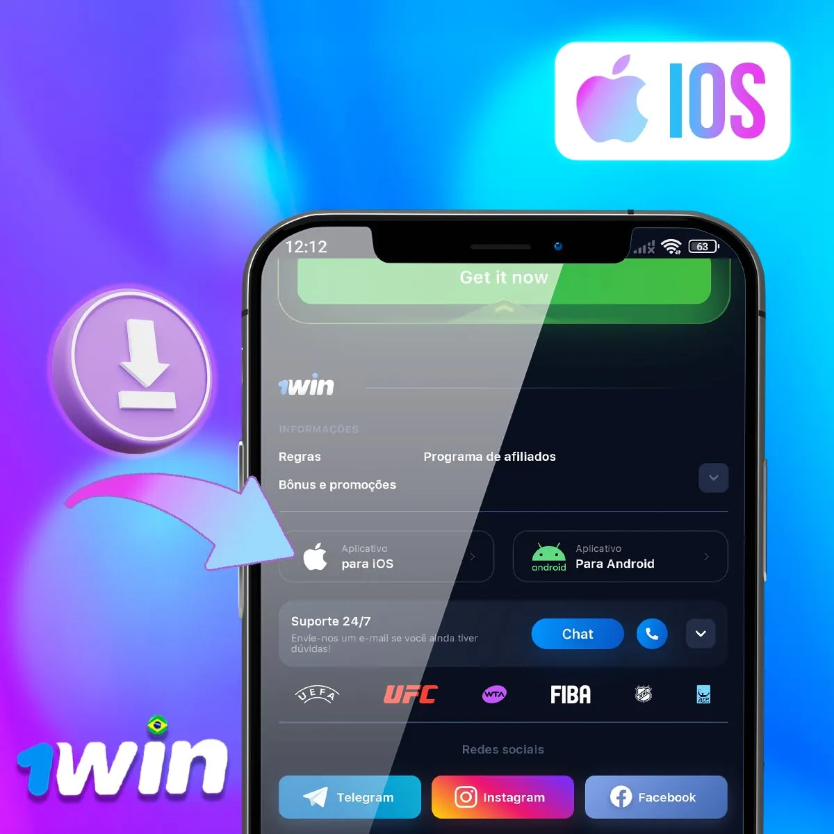 Celular com a área de acesso iOS da 1win