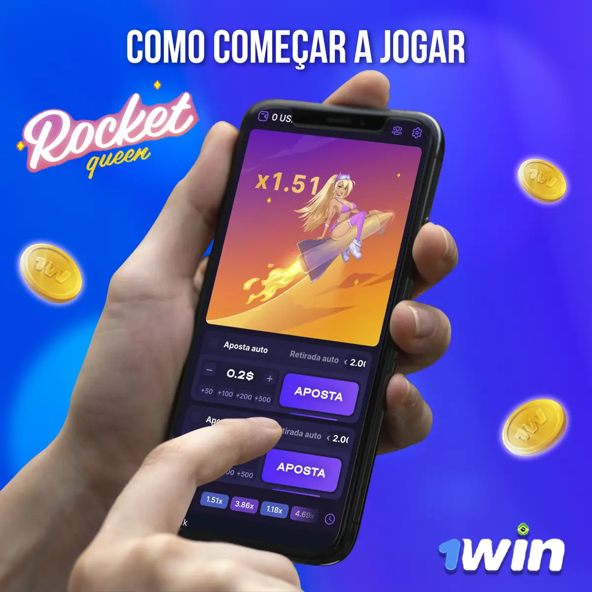 Composição com a interface do jogo Rocket Queen em dispositivos