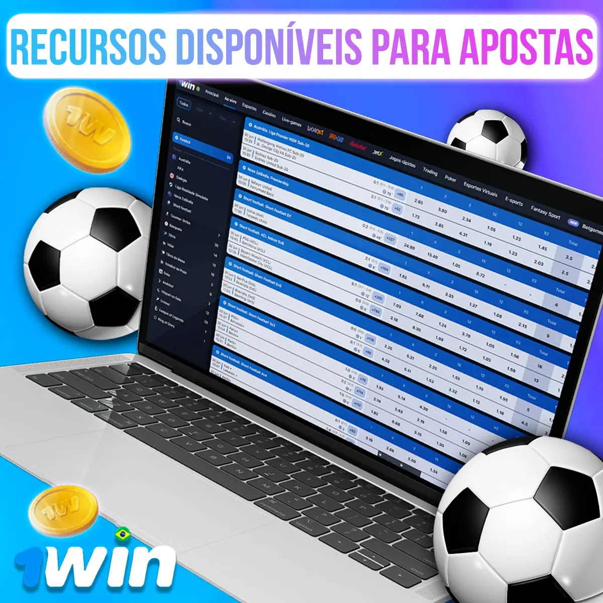 Composição com telas de mercados de futebol na 1win