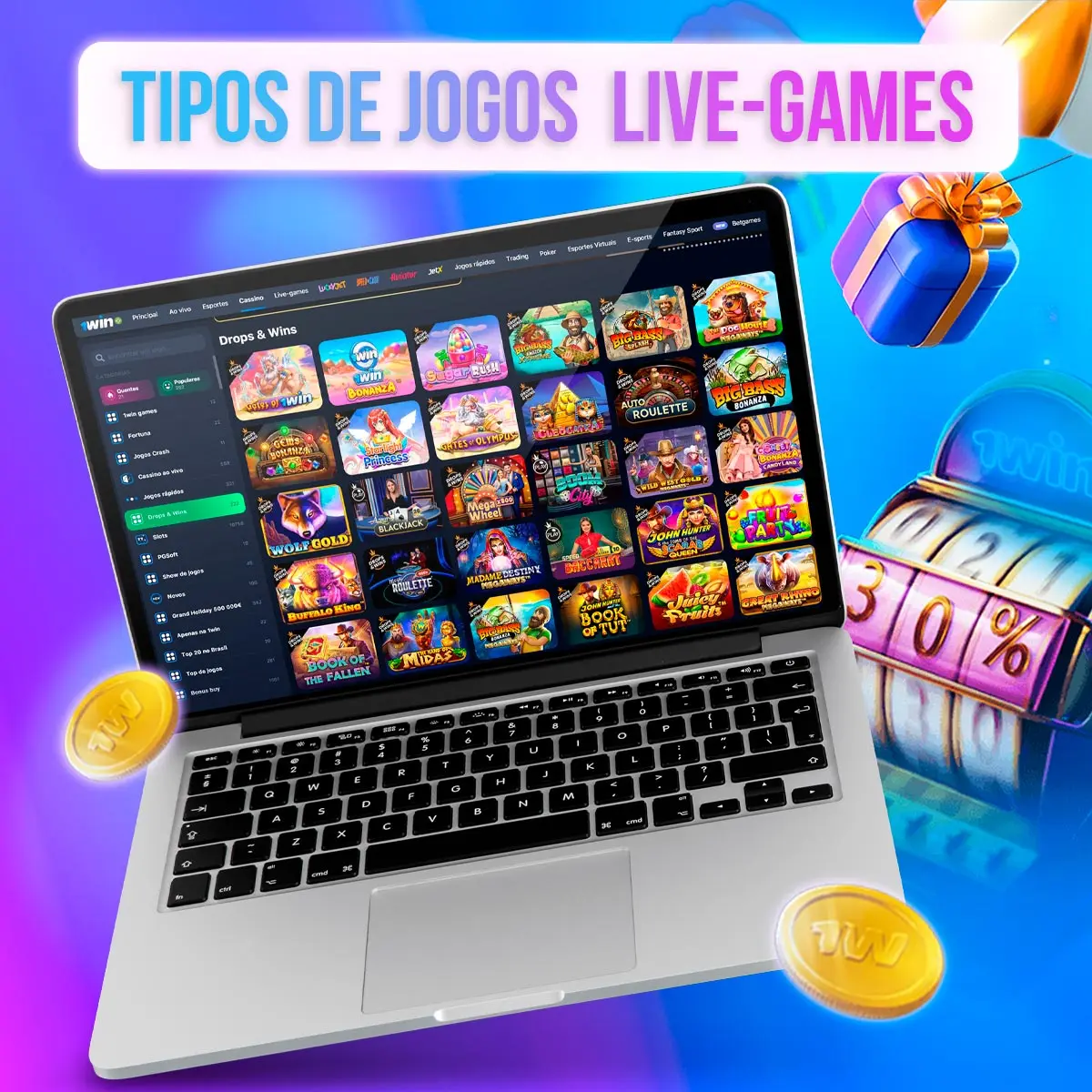 Composição de telas com miniaturas do catálogo de jogos da 1win