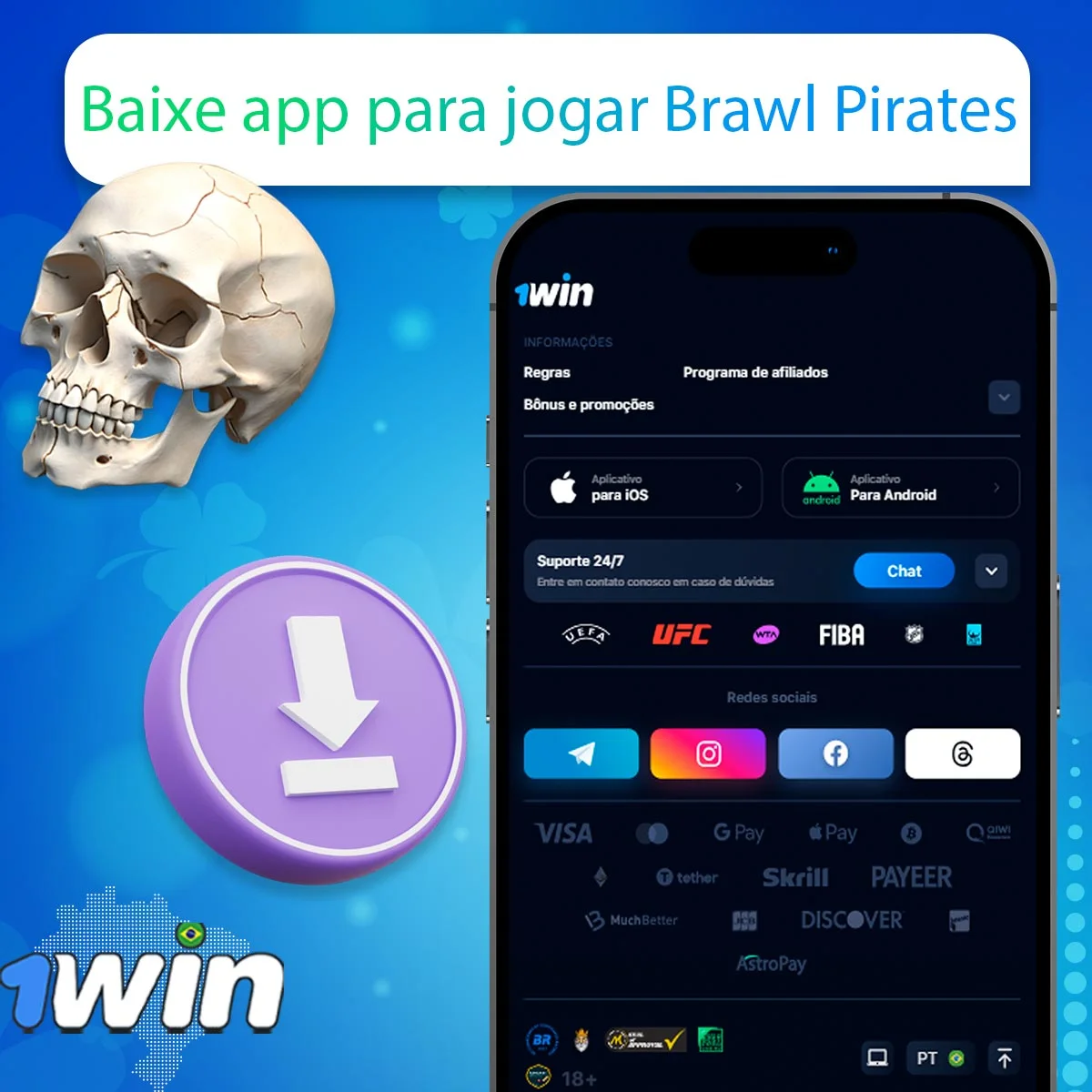 Tela de acesso móvel da 1win junto à identidade visual do jogo