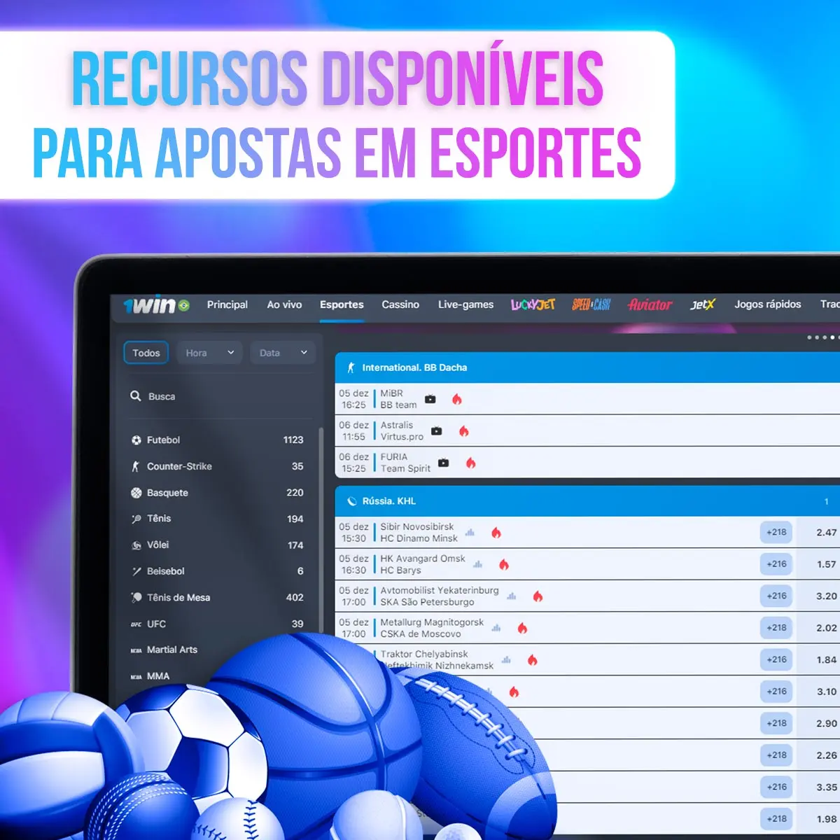 1win screens with event lists, scores and odds