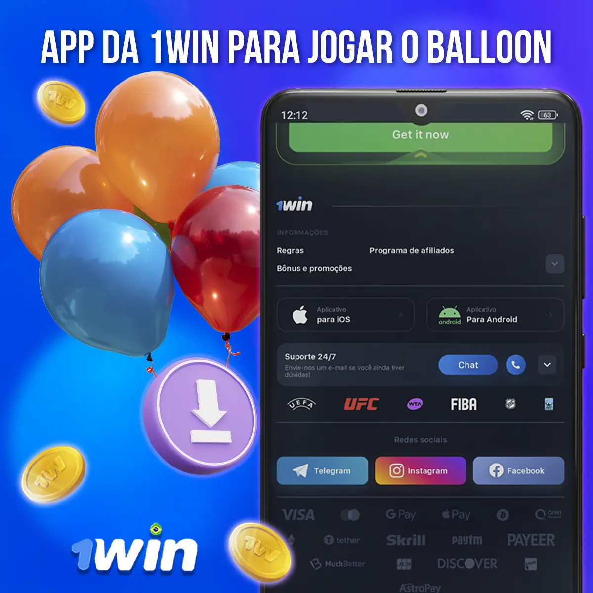 Tela de acesso móvel da 1win junto à identidade visual do jogo