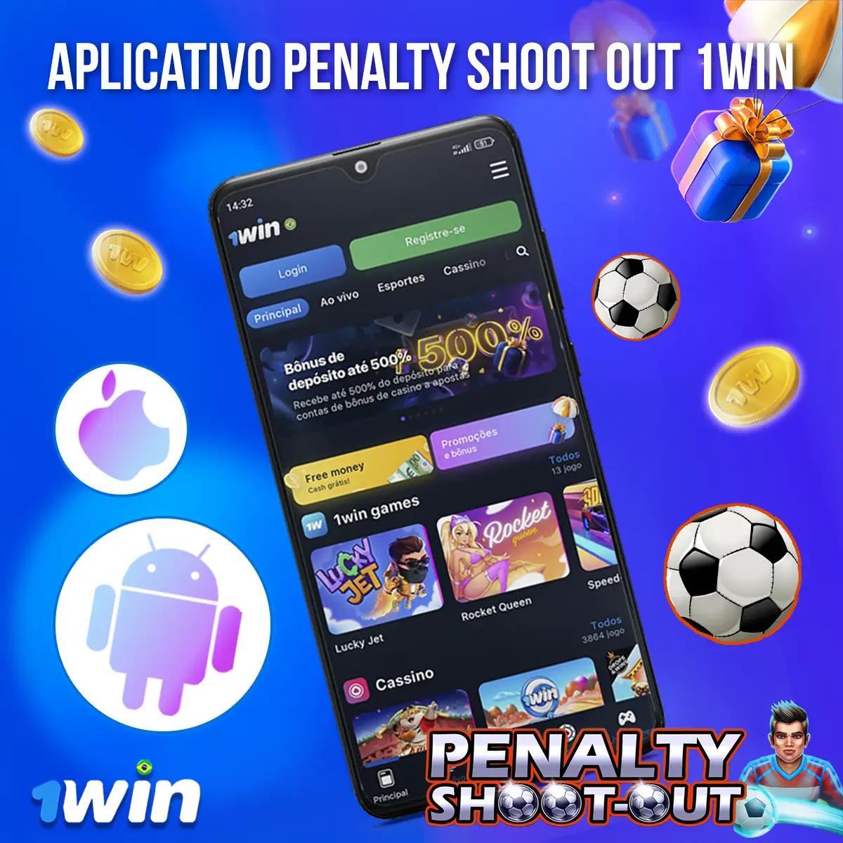 Tela de acesso móvel da 1win junto à identidade visual do jogo