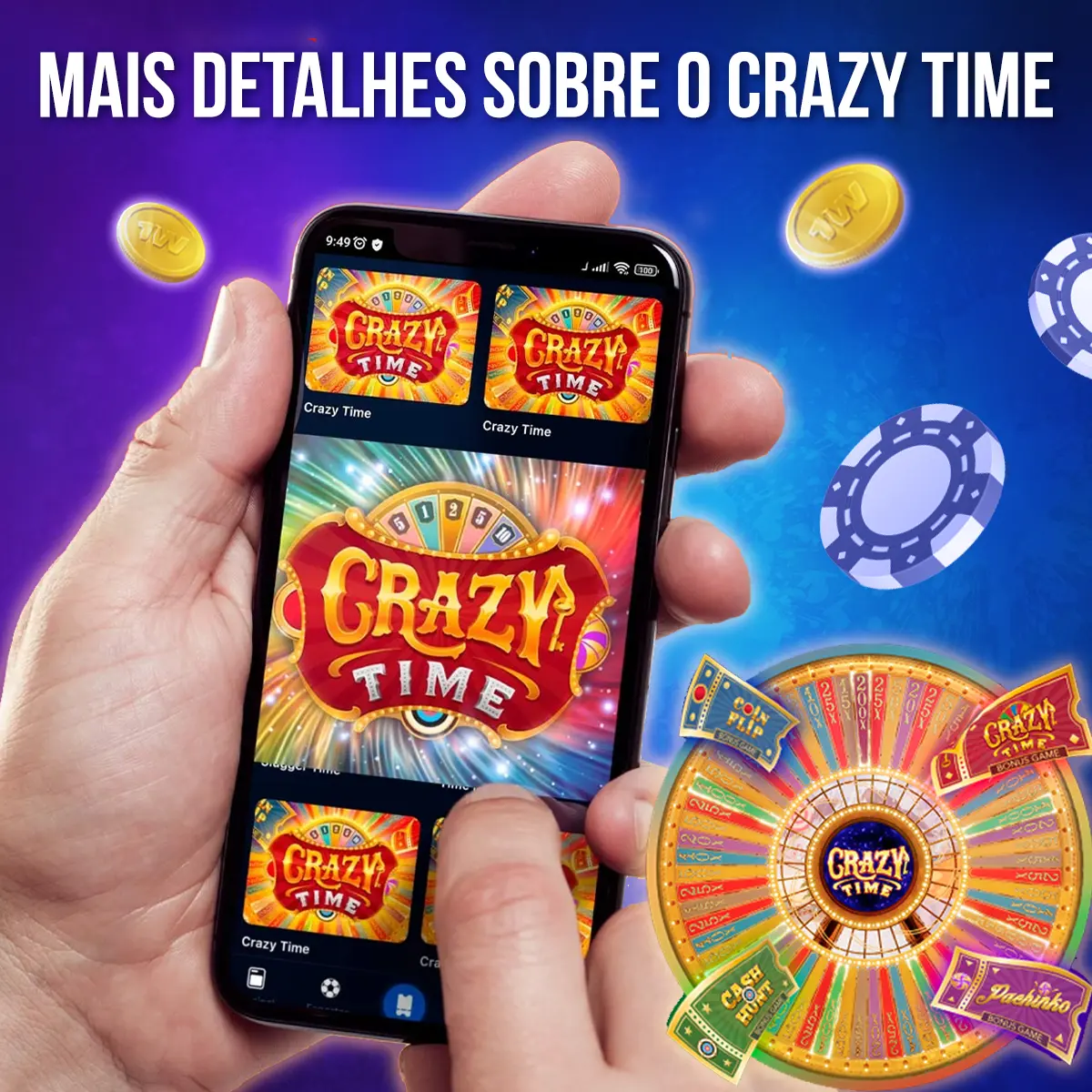 Composição com a interface do jogo Crazy Time em dispositivos