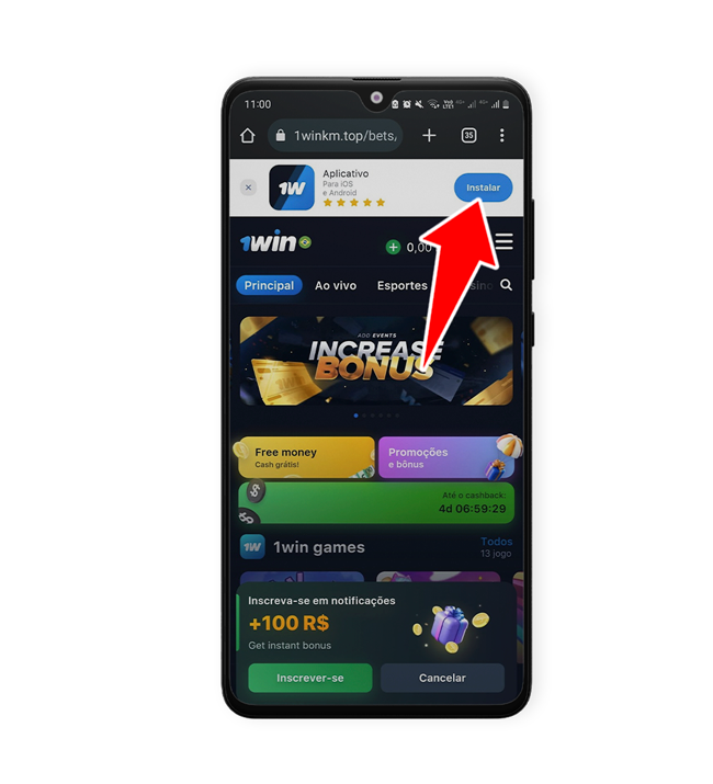 Seta indicando o menu na tela móvel da 1win