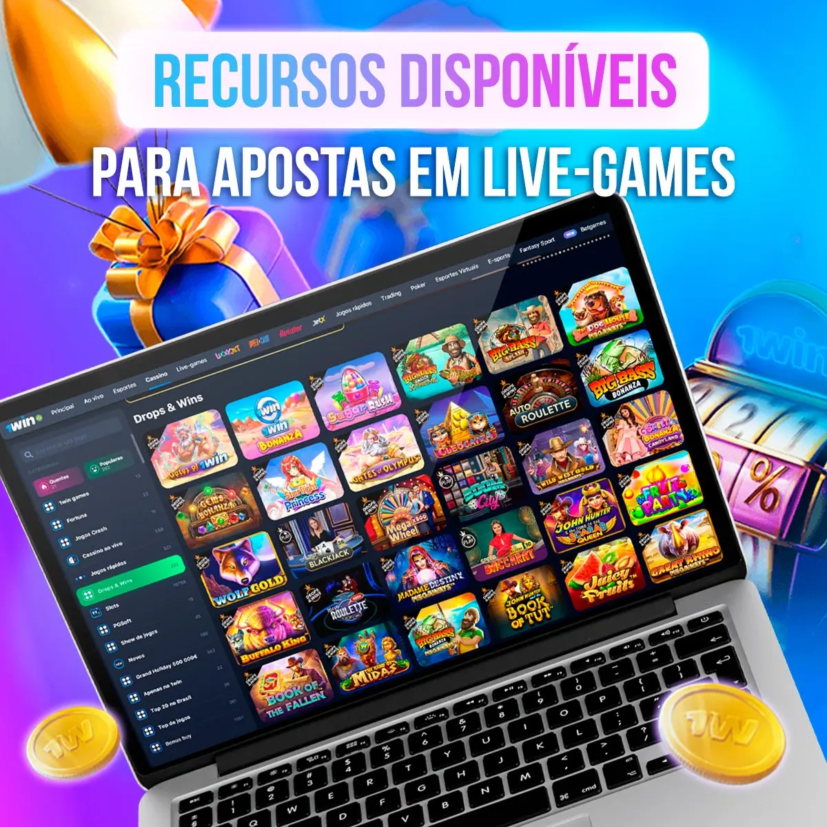 Composição de telas com miniaturas do catálogo de jogos da 1win