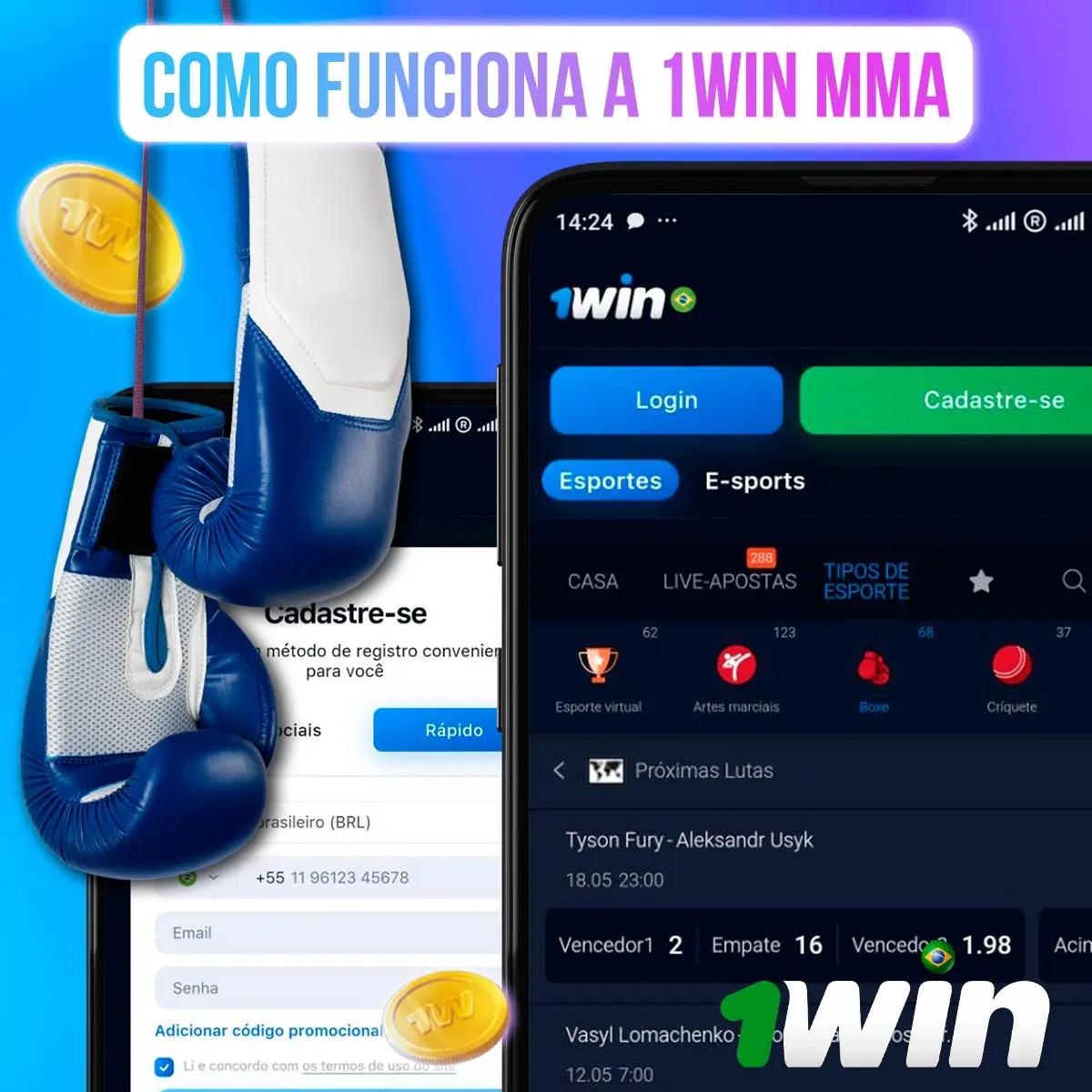 Composição com telas de mercados de MMA na 1win