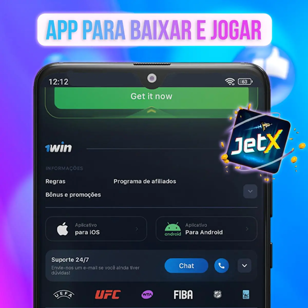 Tela de acesso móvel da 1win junto à identidade visual do jogo