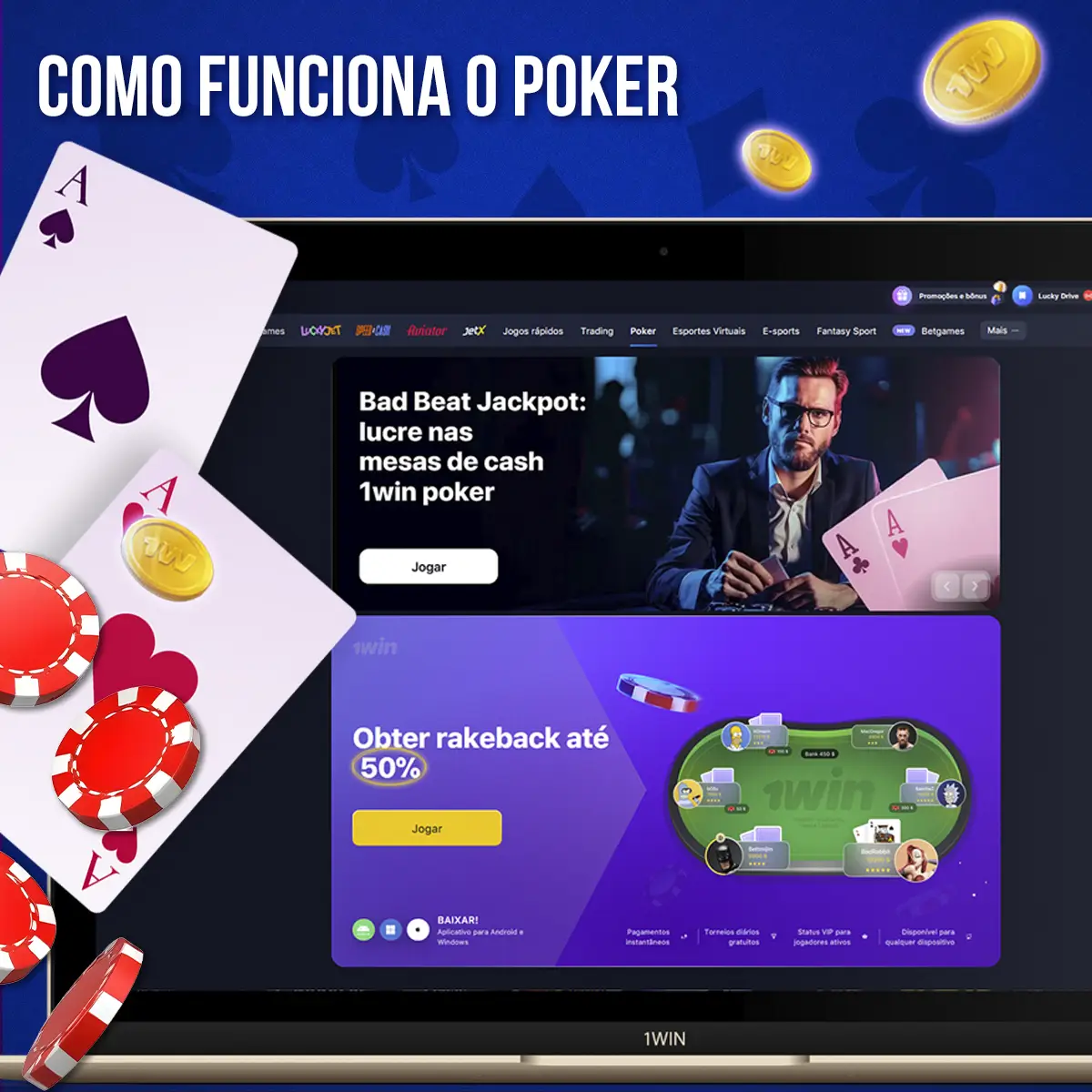 Telas de poker da 1win com cartas e fichas