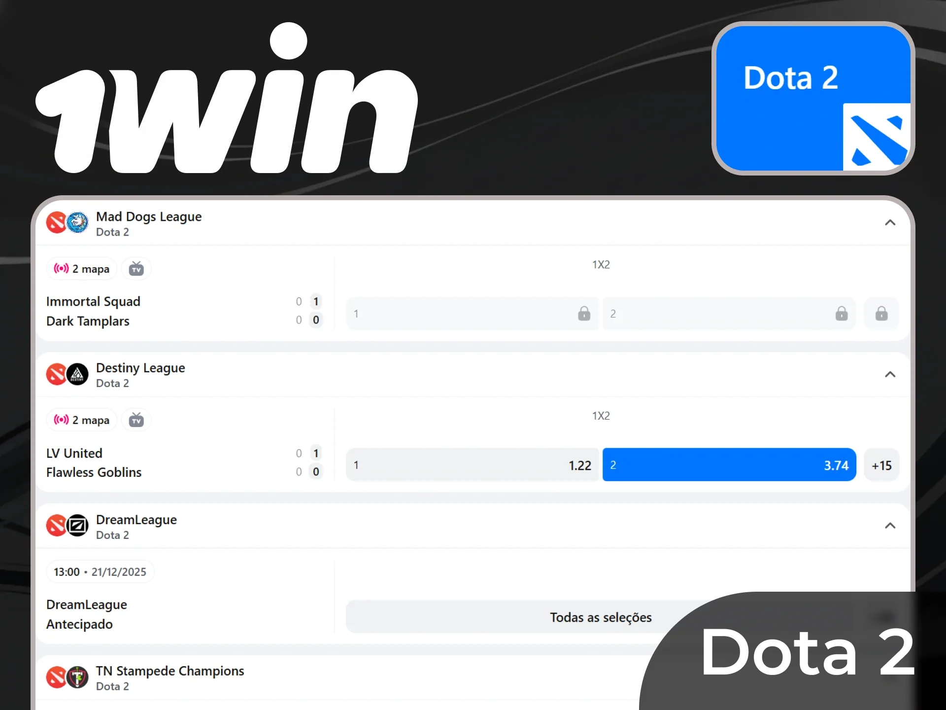 Lista de séries de Dota 2 com equipes e cotações na 1win
