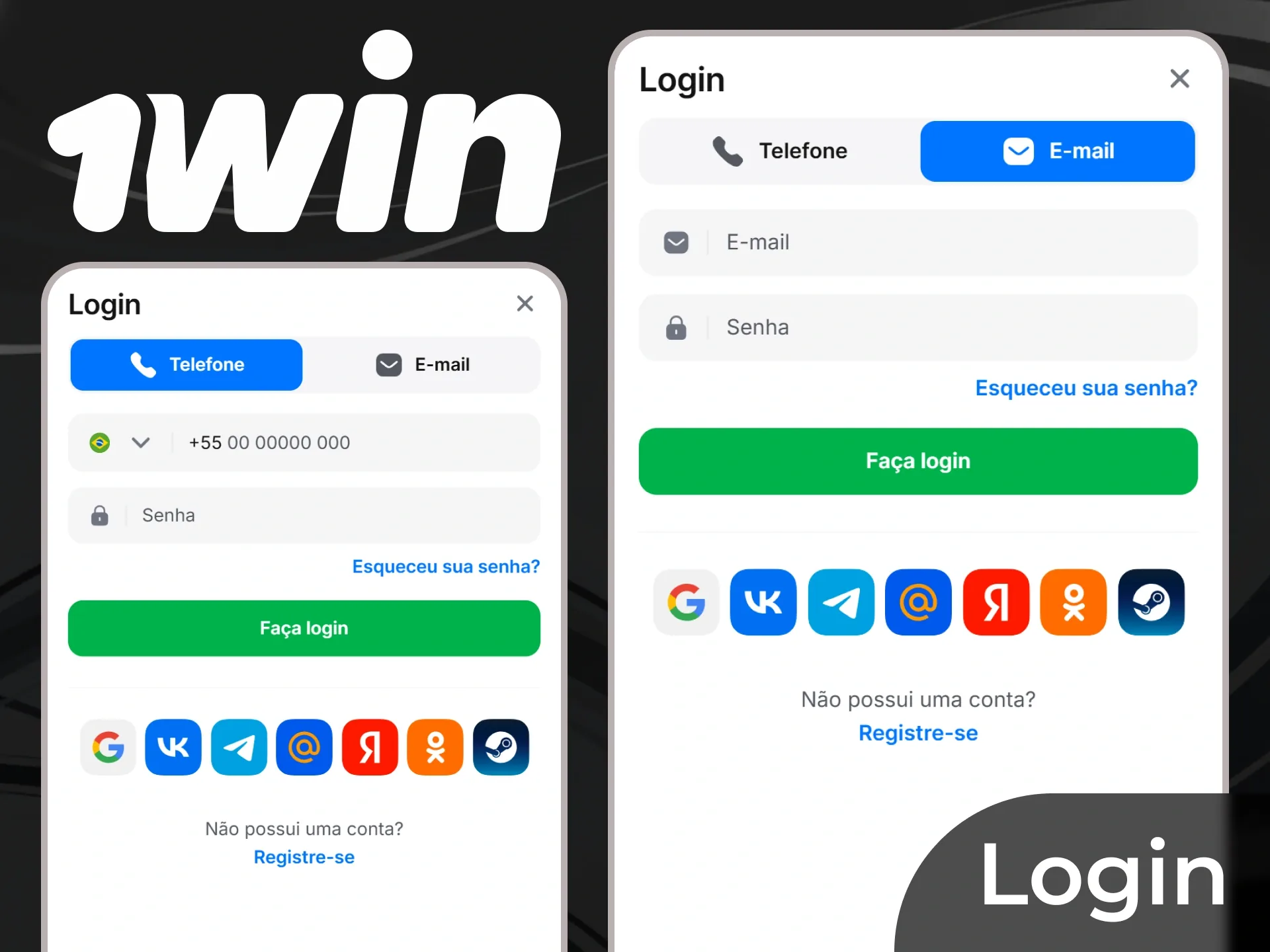Formulários de login por telefone e e-mail na 1win