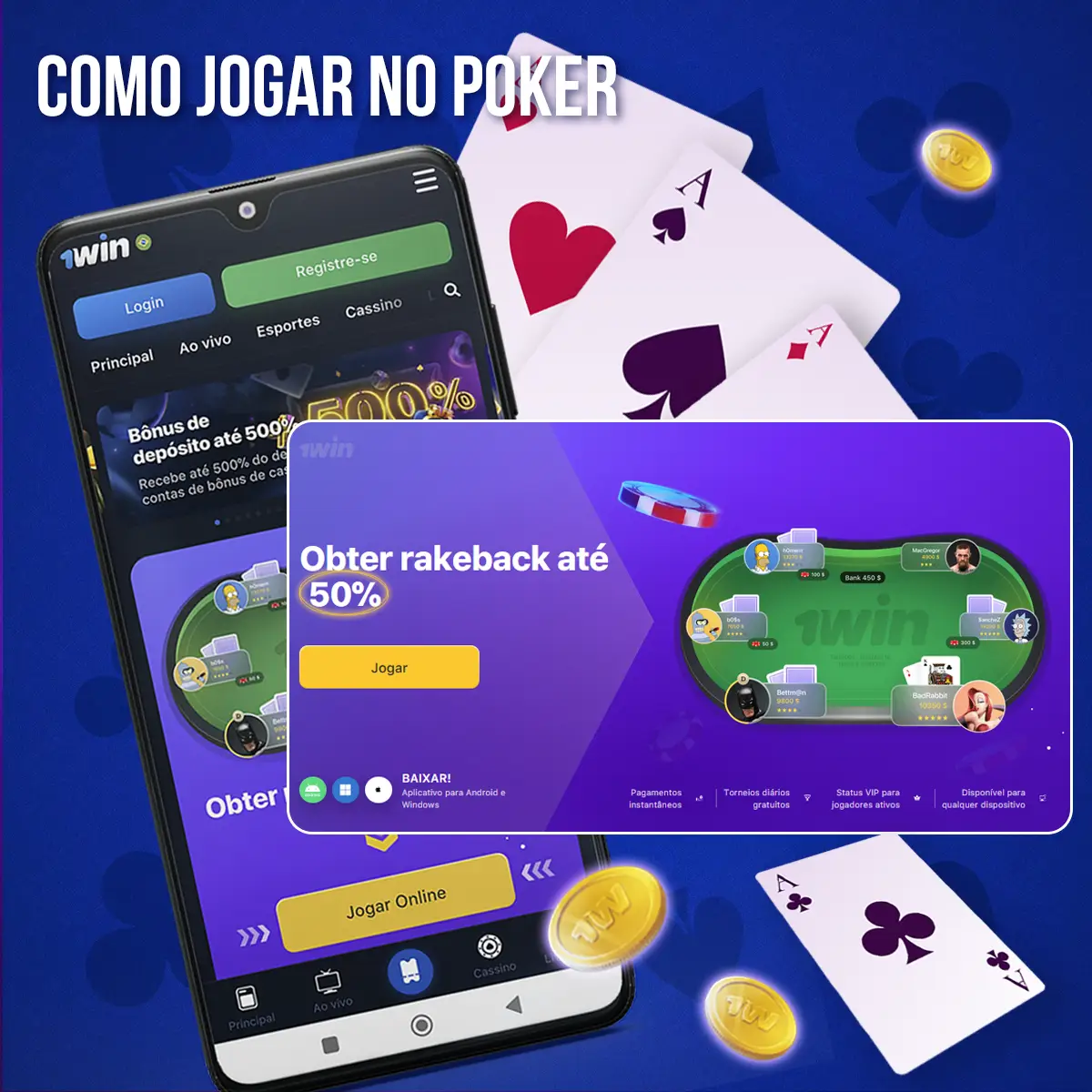 Telas de poker da 1win com cartas e fichas