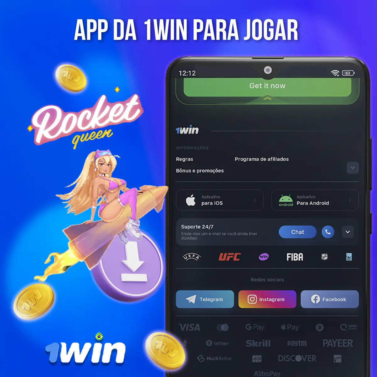 Tela de acesso móvel da 1win junto à identidade visual do jogo