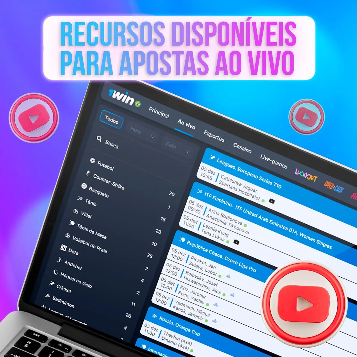 Telas da 1win com listas de eventos, placares e cotações
