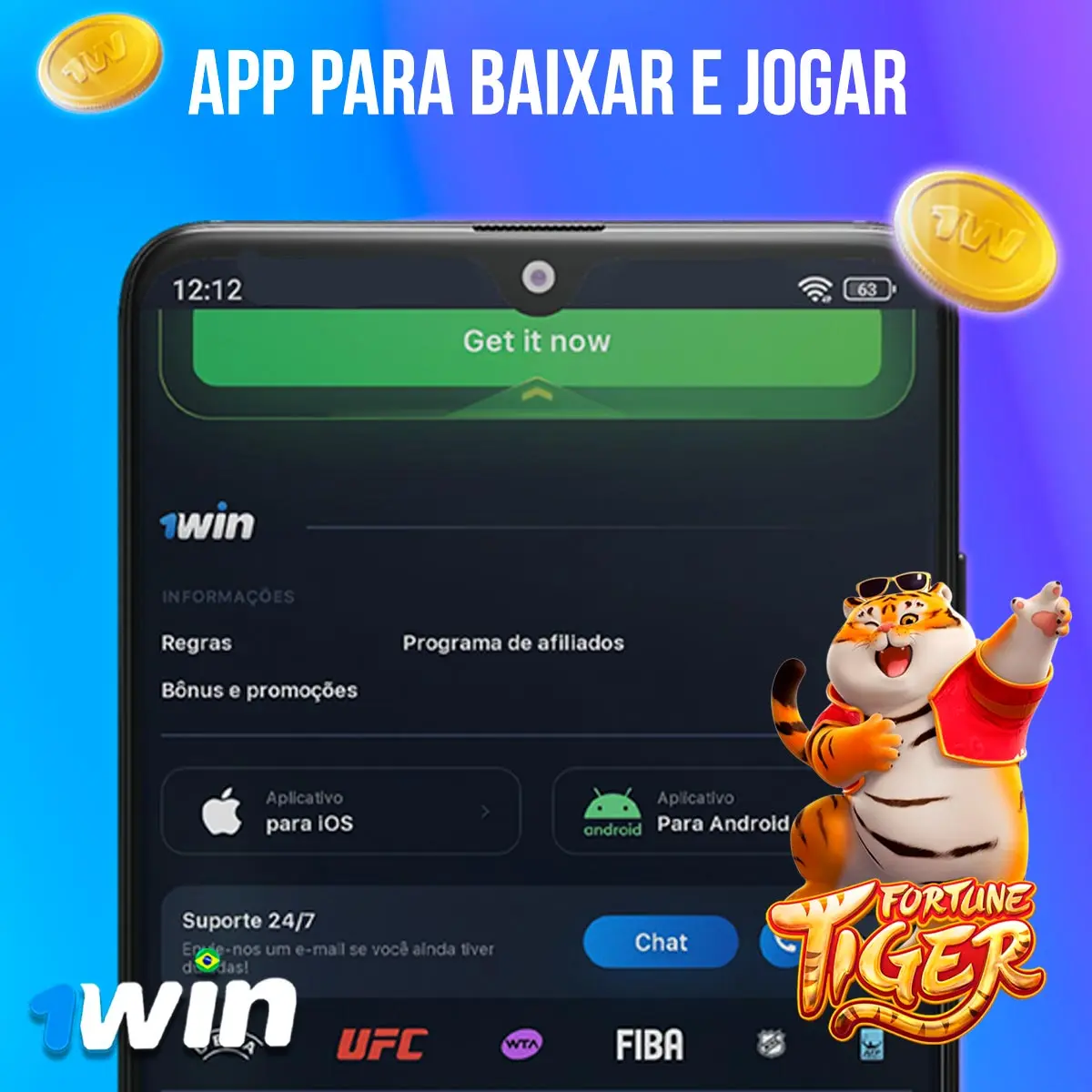 1win mobile access screen alongside the game artwork