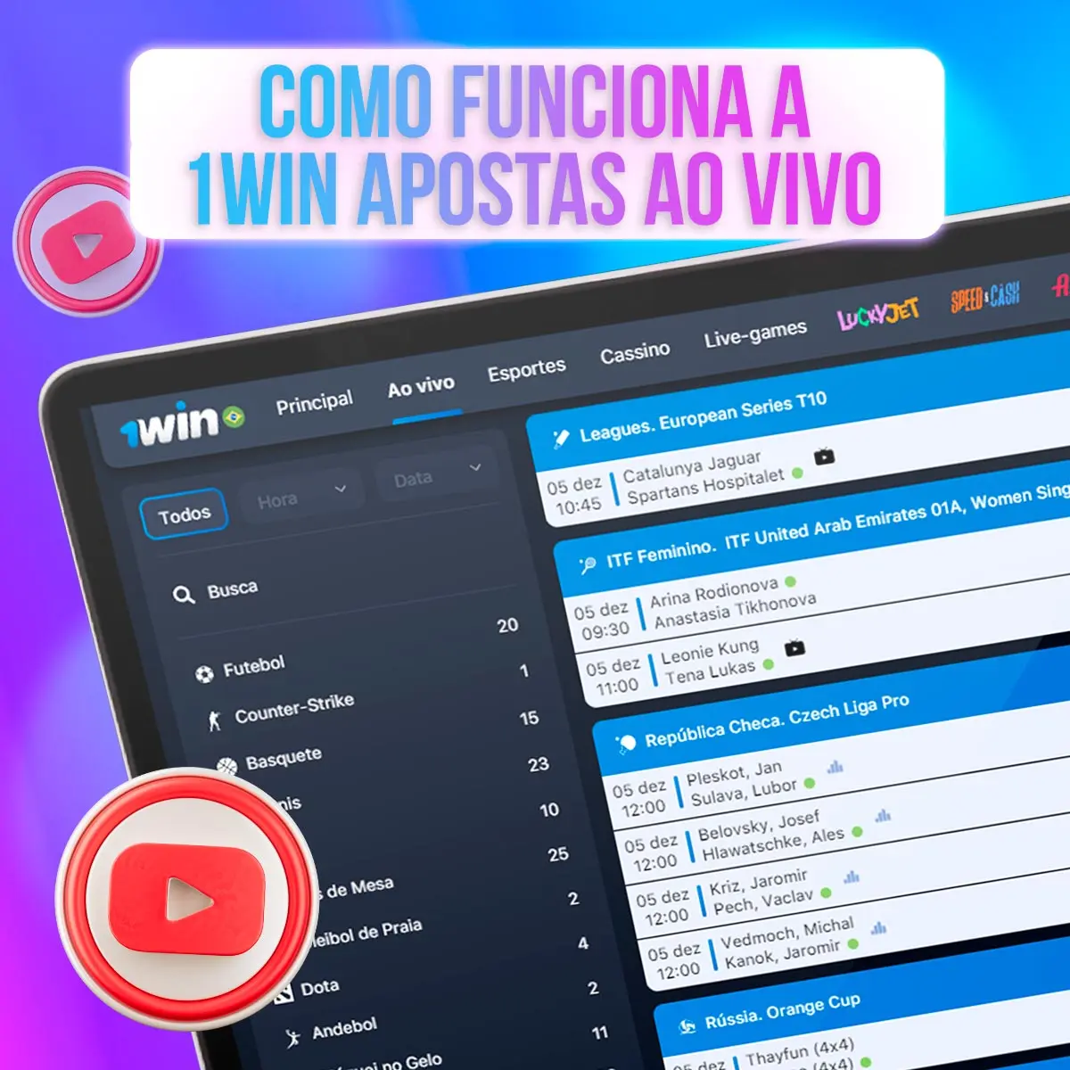 Telas da 1win com listas de eventos, placares e cotações