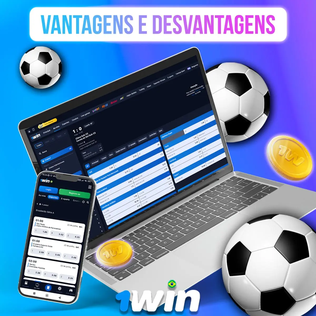 Composição com telas de mercados de futebol na 1win