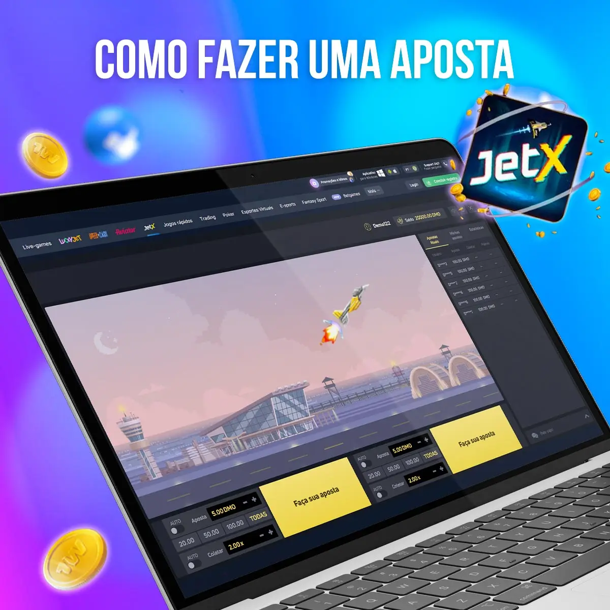 Composição com a interface do jogo JetX em dispositivos