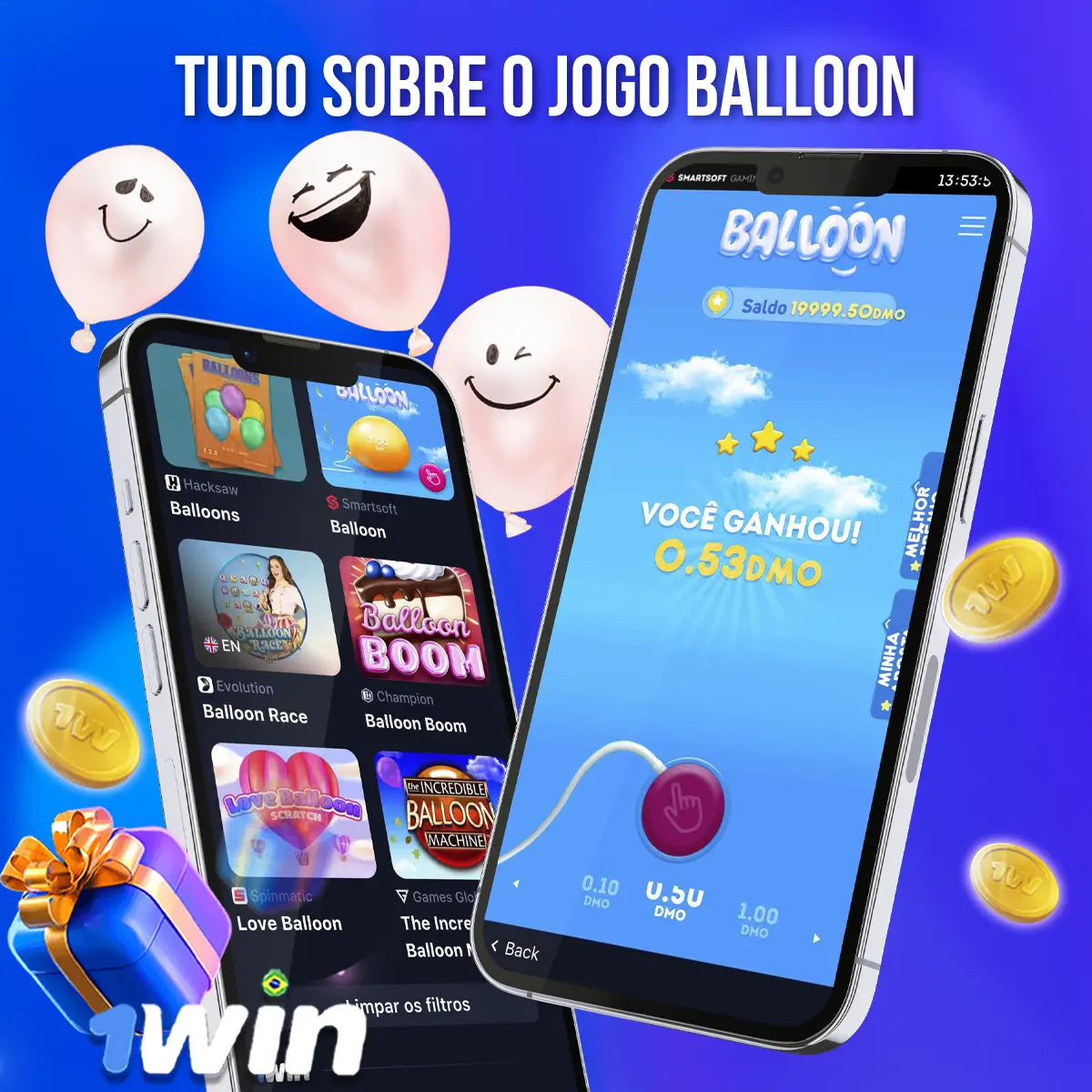 Composição com a interface do jogo Balloon em dispositivos