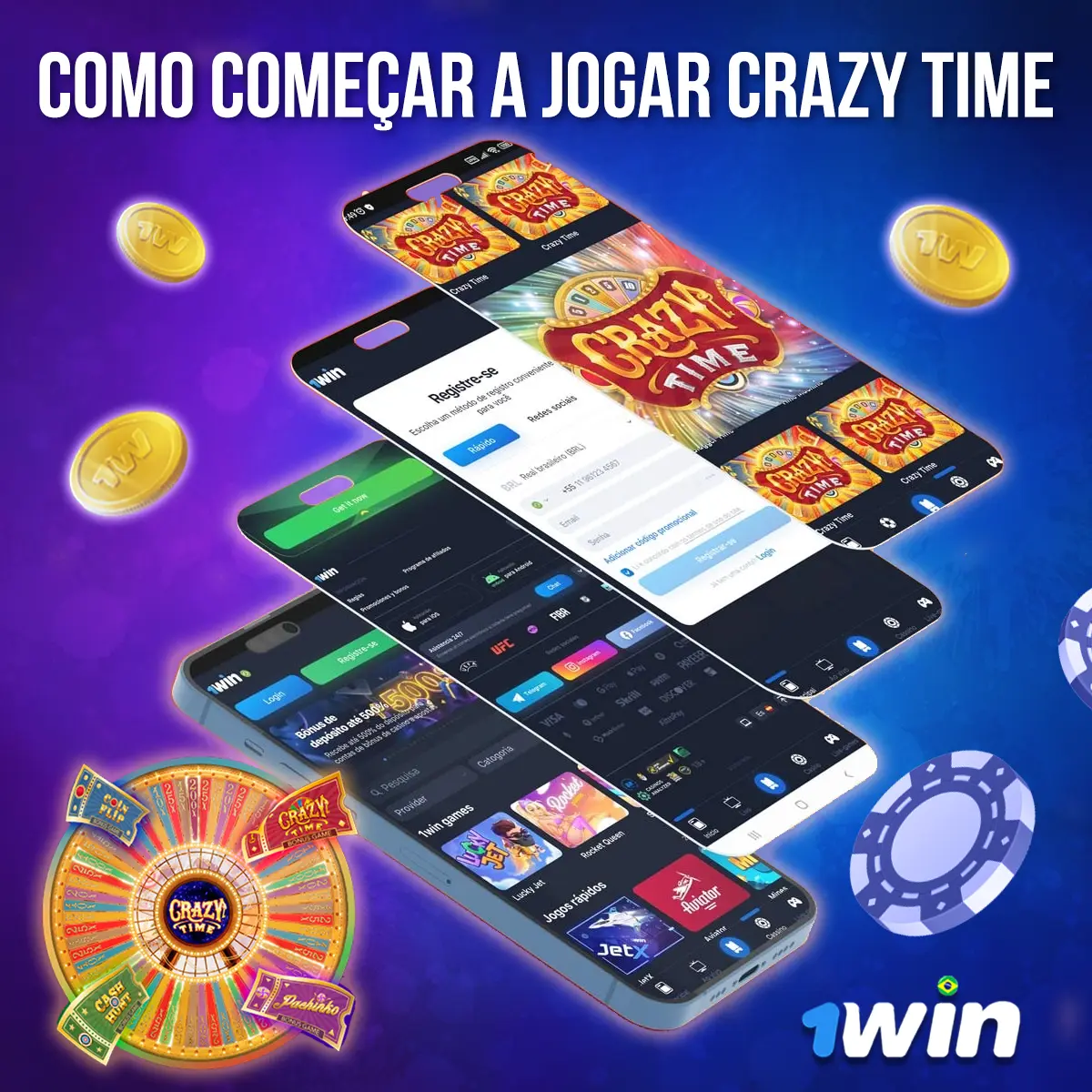 Composição com a interface do jogo Crazy Time em dispositivos