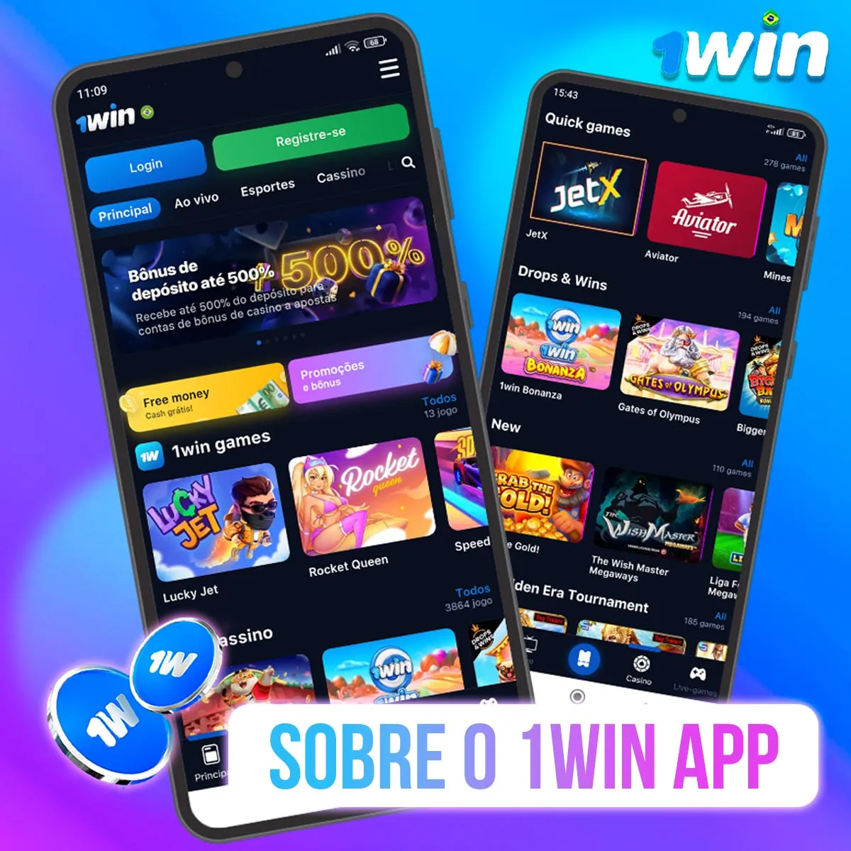Celular exibindo a página inicial da 1win