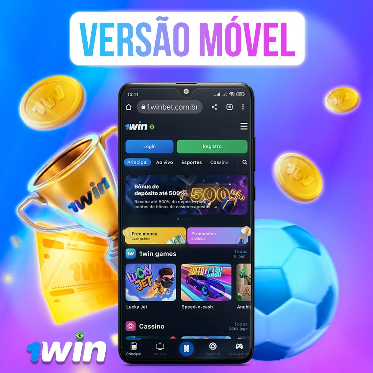 Celular exibindo a página inicial da 1win