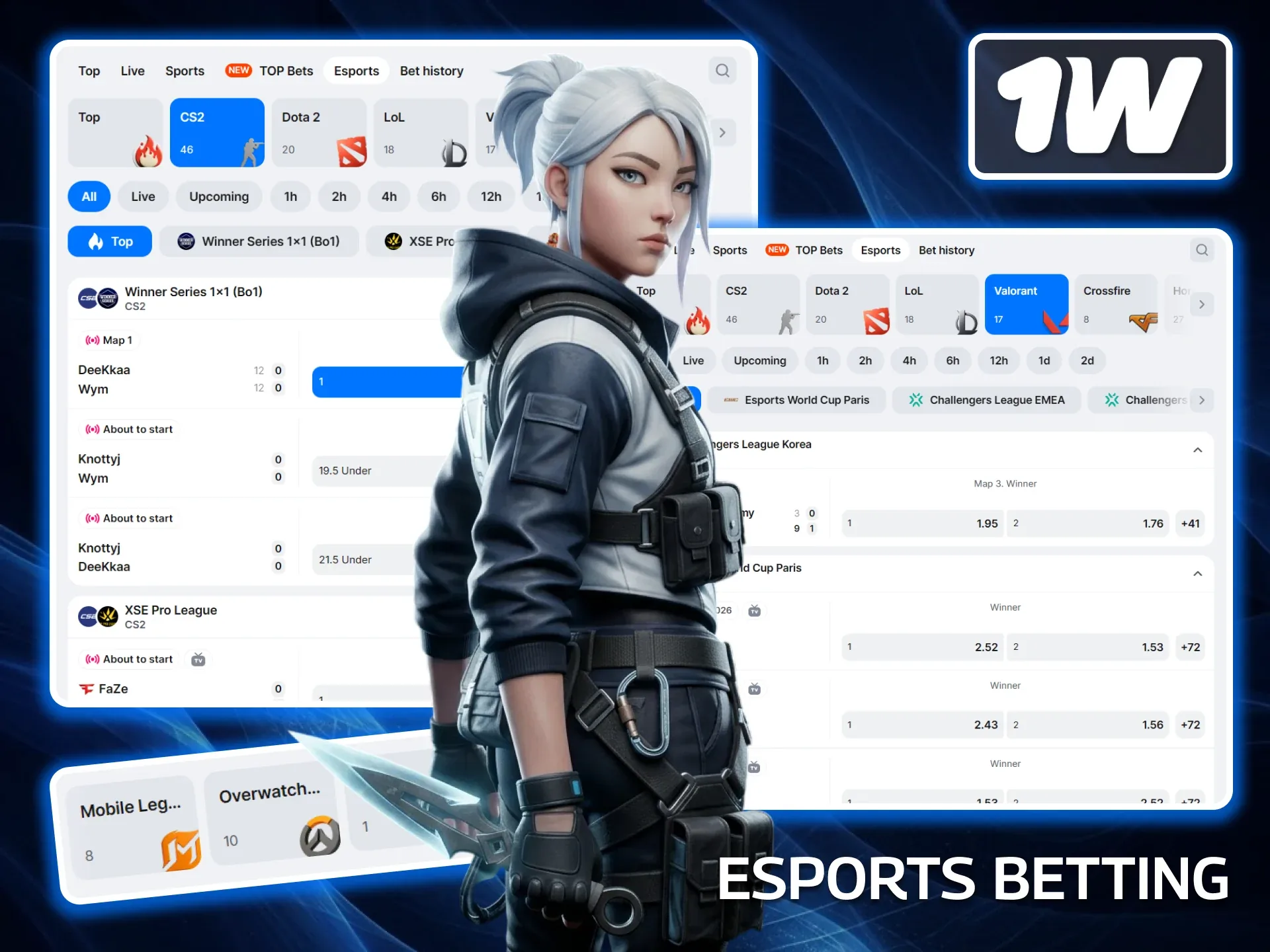 Character and 1w market catalogue montage showing CS2, Dota 2 and Valorant